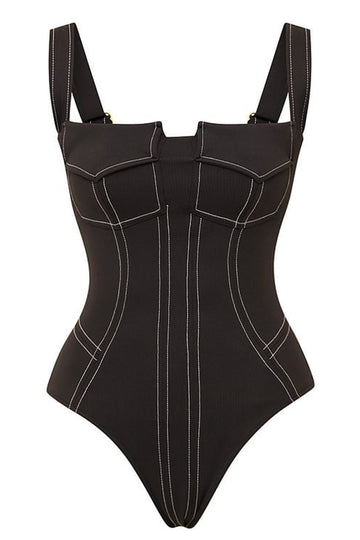 Black Sleeveless One Piece Square Neck Swimwear with Pants